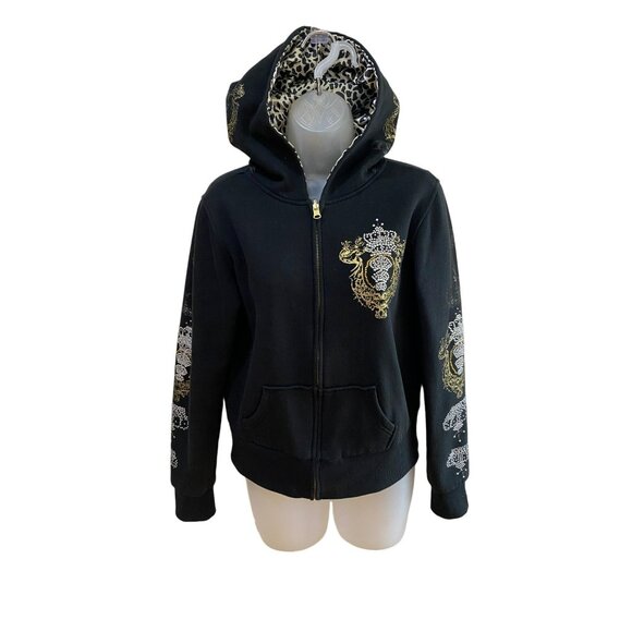 Reversible Womens Hoodie Jacket  Leopard Print & Black Embellished Design Juicy - Picture 2 of 9